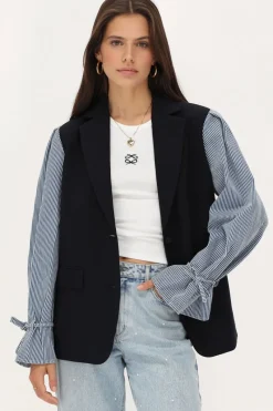My Jewellery Blazer Bleu Foncé à Manches Rayées Clearance