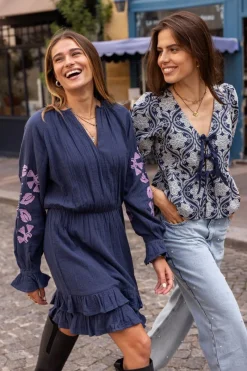 My Jewellery Blouse En Chambray Bleu Avec Broderie Florale Sale