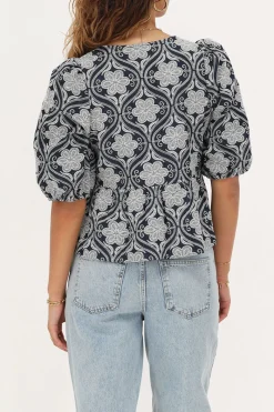 My Jewellery Blouse En Chambray Bleu Avec Broderie Florale Sale