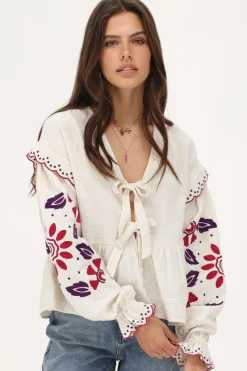 My Jewellery Blouse En Mousseline Blanche Avec Broderies Et Nœuds Blanc/Violet Online