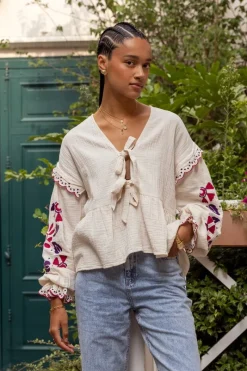 My Jewellery Blouse En Mousseline Blanche Avec Broderies Et Nœuds Blanc/Violet Online