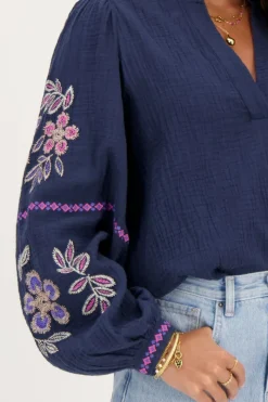 My Jewellery Blouse En Mousseline Avec Broderie Bleu foncé Online