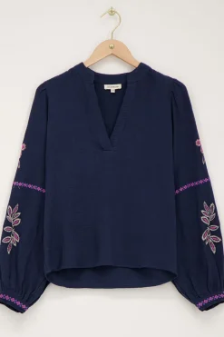 My Jewellery Blouse En Mousseline Avec Broderie Bleu foncé Online