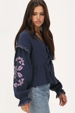 My Jewellery Blouse En Mousseline Bleu Foncé Avec Broderies Et Nœuds Violet/Bleu foncé Hot