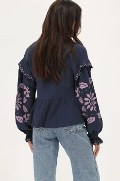 My Jewellery Blouse En Mousseline Bleu Foncé Avec Broderies Et Nœuds Violet/Bleu foncé Hot