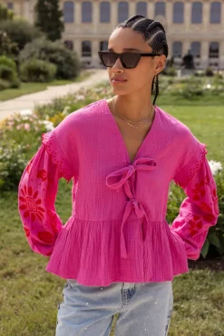 My Jewellery Blouse En Mousseline Rose Avec Broderies Et Nœuds Rouge/Rose Best