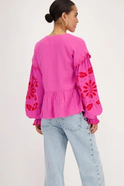 My Jewellery Blouse En Mousseline Rose Avec Broderies Et Nœuds Rouge/Rose Best