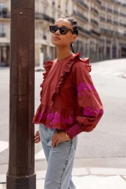 My Jewellery Blouse Marron Rouille Avec Broderie Fuchsia Rouille/Rouge foncé/Marron Best