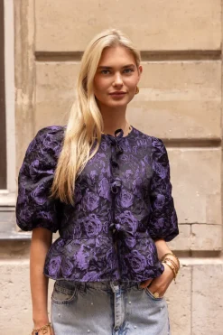 My Jewellery Blouse Noire Avec Nœuds Et Jacquard Violet Best