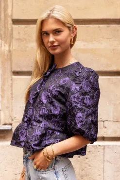 My Jewellery Blouse Noire Avec Nœuds Et Jacquard Violet Best