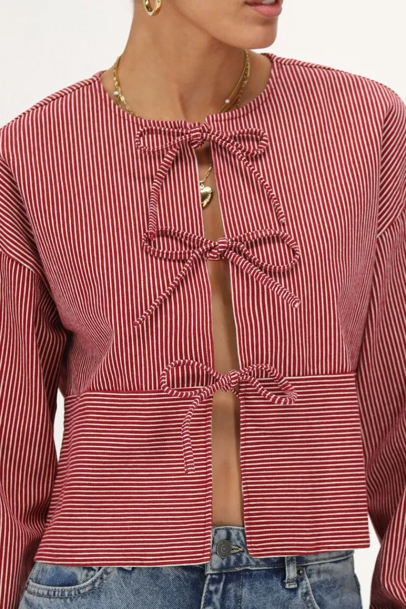 My Jewellery Blouse Rayée Et Blanc Avec Nœuds Rouge Fashion