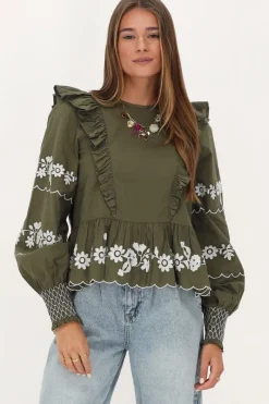 My Jewellery Blouse Vert Foncé Avec Broderie Blanche Vert/Vert foncé Discount