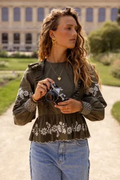 My Jewellery Blouse Vert Foncé Avec Broderie Blanche Vert/Vert foncé Discount