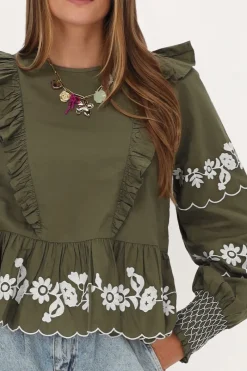 My Jewellery Blouse Vert Foncé Avec Broderie Blanche Vert/Vert foncé Discount