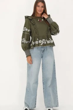 My Jewellery Blouse Vert Foncé Avec Broderie Blanche Vert/Vert foncé Discount