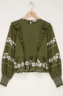 My Jewellery Blouse Vert Foncé Avec Broderie Blanche Vert/Vert foncé Discount