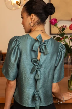 My Jewellery Blouse Verte Avec Manches Plissées Et Nœuds Bleu pétrole Clearance
