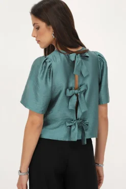 My Jewellery Blouse Verte Avec Manches Plissées Et Nœuds Bleu pétrole Clearance