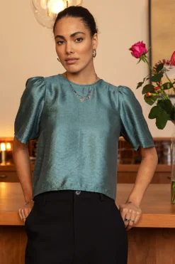 My Jewellery Blouse Verte Avec Manches Plissées Et Nœuds Bleu pétrole Clearance
