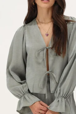 My Jewellery Blouse e Brillante Avec Nœuds Et Manches à Volants Vert Fashion