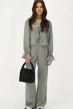 My Jewellery Blouse e Brillante Avec Nœuds Et Manches à Volants Vert Fashion