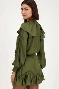 My Jewellery Blouse Verte Satinée à Volants Vert/Vert foncé Clearance