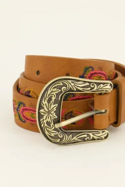My Jewellery Ceinture Marron Avec Boucle Dorée Et Fleurs Brodées Sale