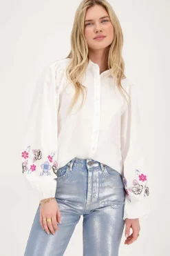 My Jewellery Chemise he à Fleurs Bleues Perlées Blanc New