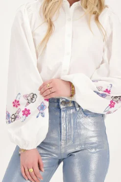 My Jewellery Chemise he à Fleurs Bleues Perlées Blanc New