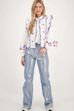 My Jewellery Chemise he à Fleurs Bleues Perlées Blanc New