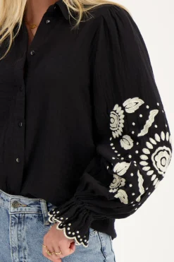 My Jewellery Chemise Noire Avec Broderie Beige Noir/Beige Hot
