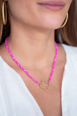 My Jewellery Collier De Perles Roses Avec Trèfle Fashion