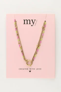 My Jewellery Collier Triple Avec Perles Vertes Et Roses Fashion
