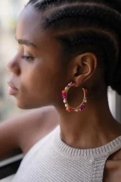My Jewellery Grandes Boucles D'oreilles Art Avec Pierres Multicolores Et Perles Outlet
