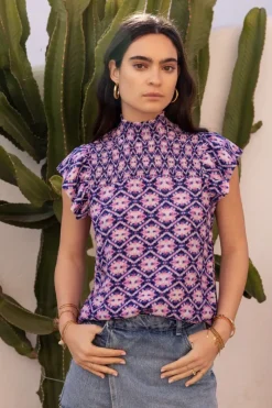 My Jewellery Haut Bleu Avec Imprimé Rose Et Blouse Violet/Rose/Violet clair/Bleu Fashion