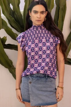 My Jewellery Haut Bleu Avec Imprimé Rose Et Blouse Violet/Rose/Violet clair/Bleu Fashion