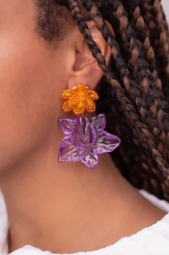 My Jewellery Island Boucle D'oreille Avec Deux Fleurs Mauves Outlet