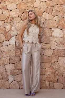 My Jewellery Pantalon Large Beige Satiné New