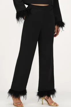 My Jewellery Pantalon Large Satiné Noir Avec Plumes Best