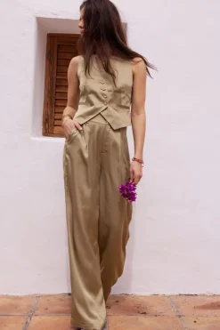 My Jewellery Pantalon Vert Olive Satiné Outlet
