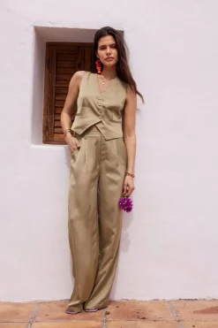 My Jewellery Pantalon Vert Olive Satiné Outlet