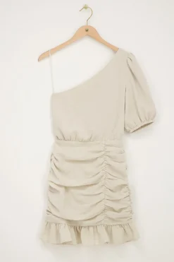 My Jewellery Robe à Une épaule En Lin Beige Discount