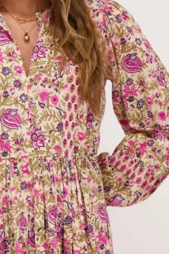 My Jewellery Robe Beige à Imprimé Fleuri Rose Et Vert Rose/Beige New