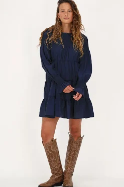 My Jewellery Robe Bleu Foncé Avec Plis Et Manches à Volants Best