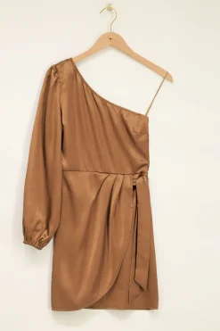 My Jewellery Robe Drappée Satinée à épaule Dénudée Marron Clearance