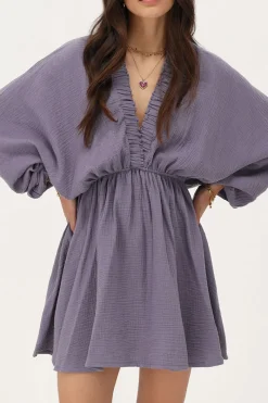 My Jewellery Robe En Mousseline Violette à Manches Bouffantes Fashion