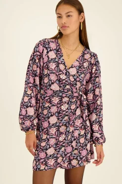 My Jewellery Robe Portefeuille Noire à Fleurs Lilas Et Roses Clearance