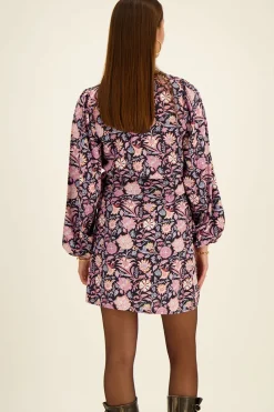 My Jewellery Robe Portefeuille Noire à Fleurs Lilas Et Roses Clearance