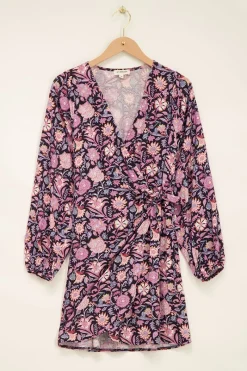 My Jewellery Robe Portefeuille Noire à Fleurs Lilas Et Roses Clearance