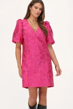 My Jewellery Robe Rose Avec Jacquard Et Manches Bouffantes New